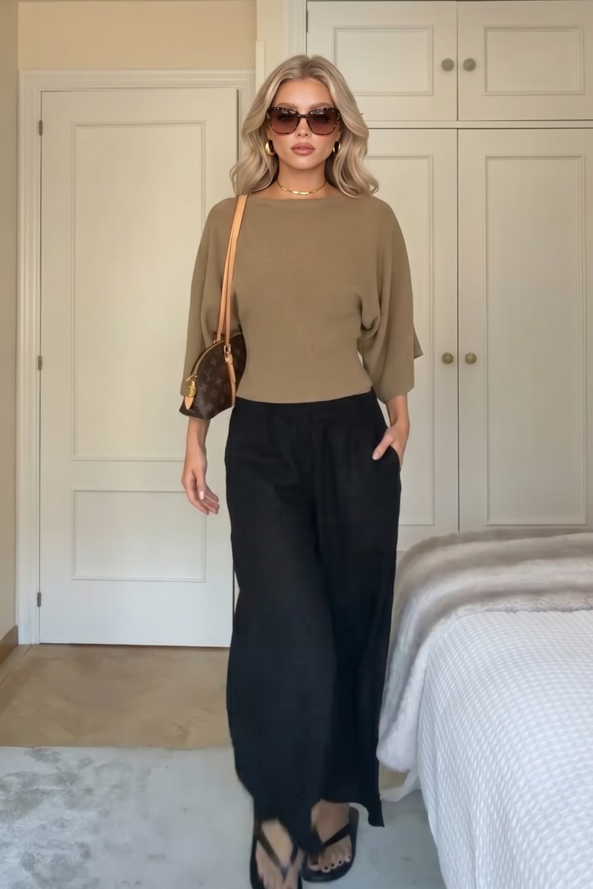 Lantern Sleeve Top And Wide-Leg Pants Set