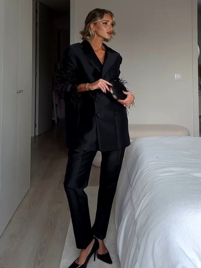 Elegant Satin Feather-embellished Double-breasted Blazer