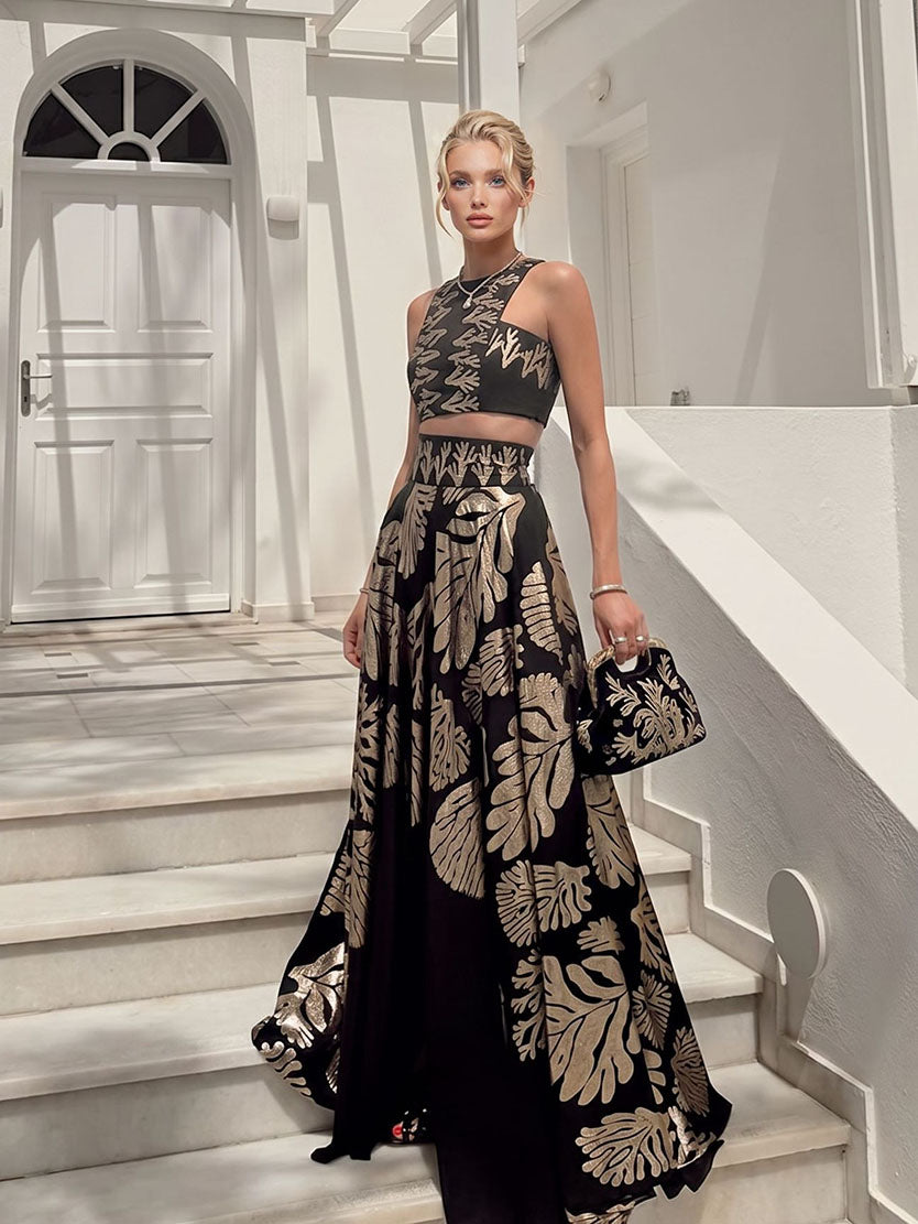 Bohemian Leaf Print Crop Top & Maxi Skirt Two-Piece Set