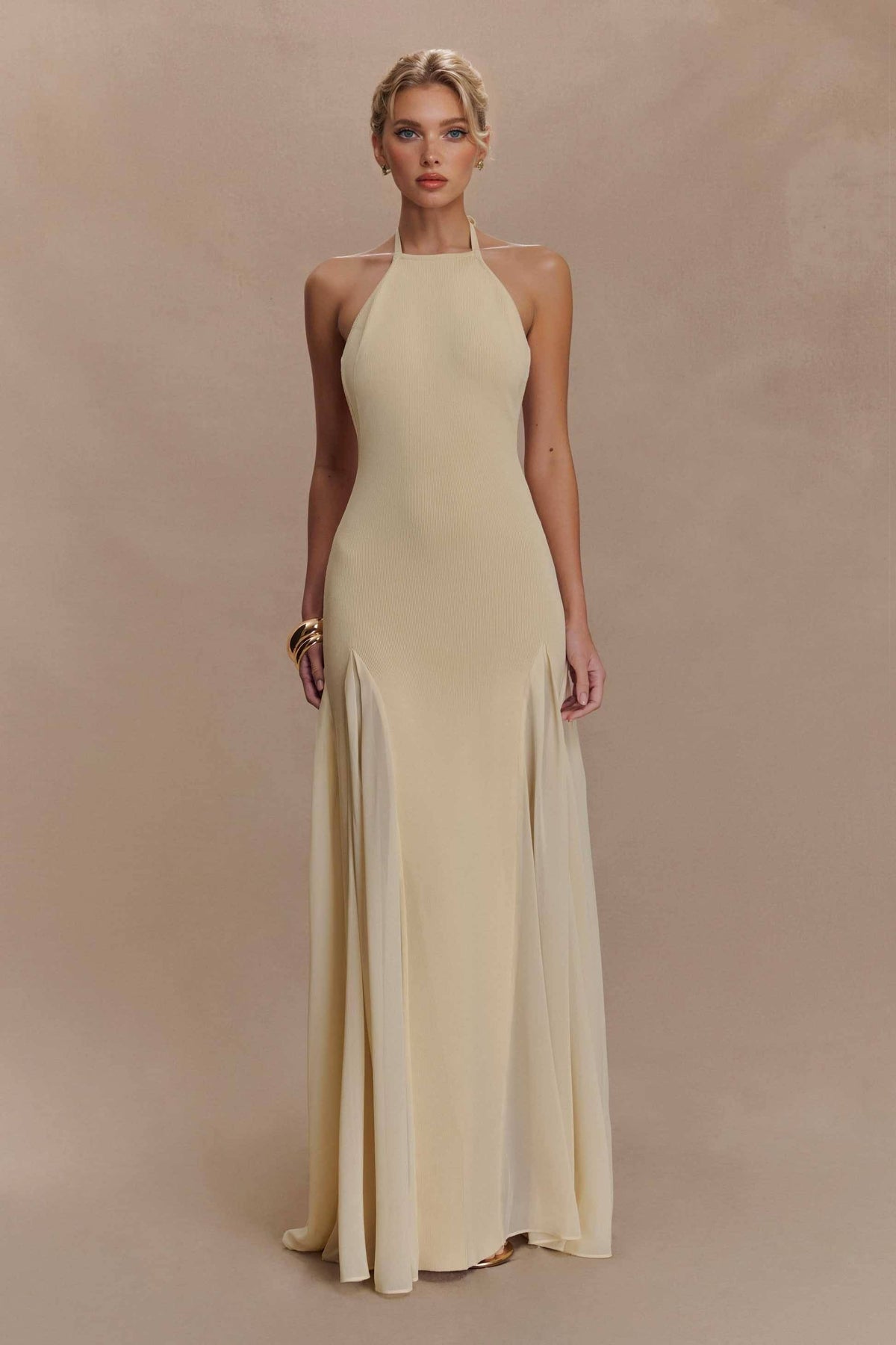 Halter-Neck Knit Tulle Spliced Maxi Dress