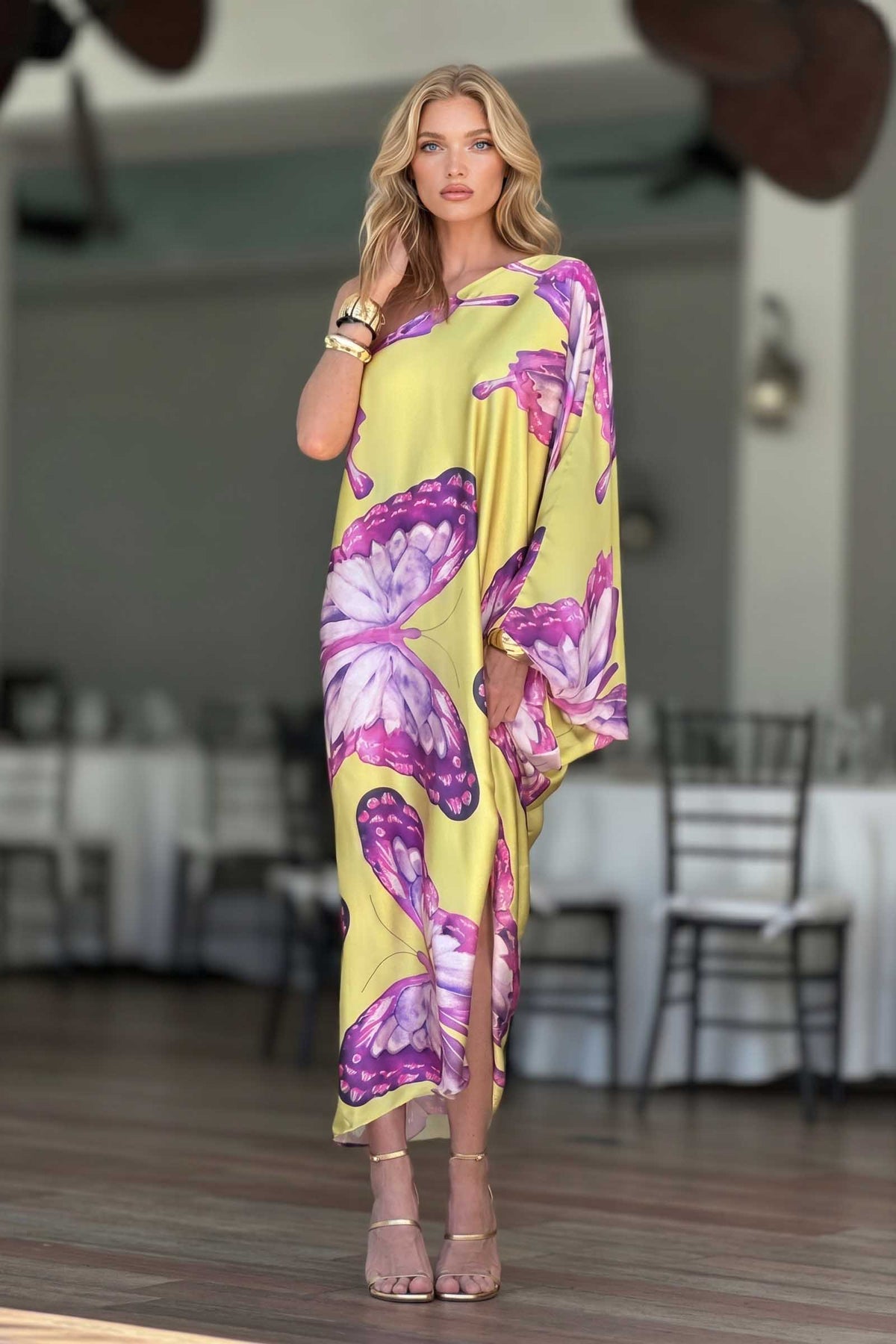 Butterfly-Printed Slant-Neck Dress