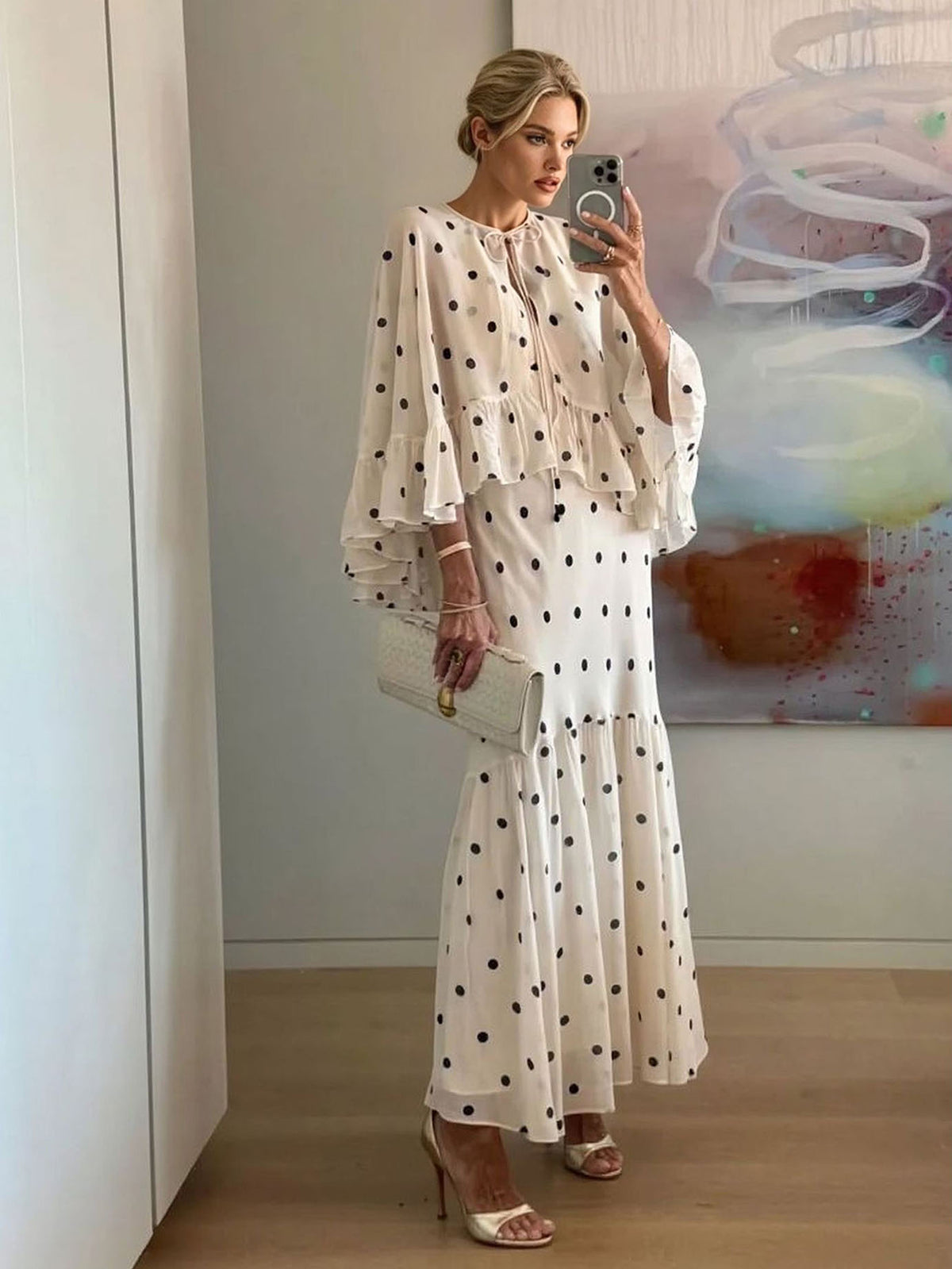 Elegant Polka Dot Ruffle Layered Chiffon Cape Maxi Dress