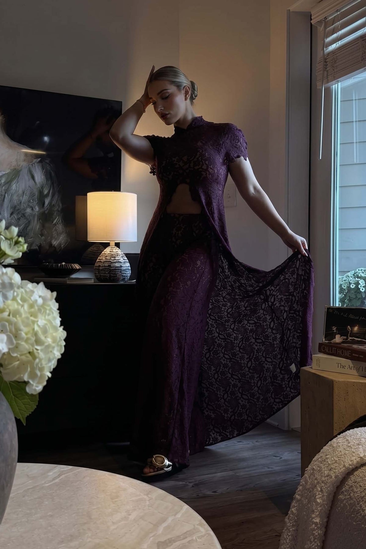 Lace Long-sleeved Top And Wide-leg Pants Set(Headscarf Not Included)