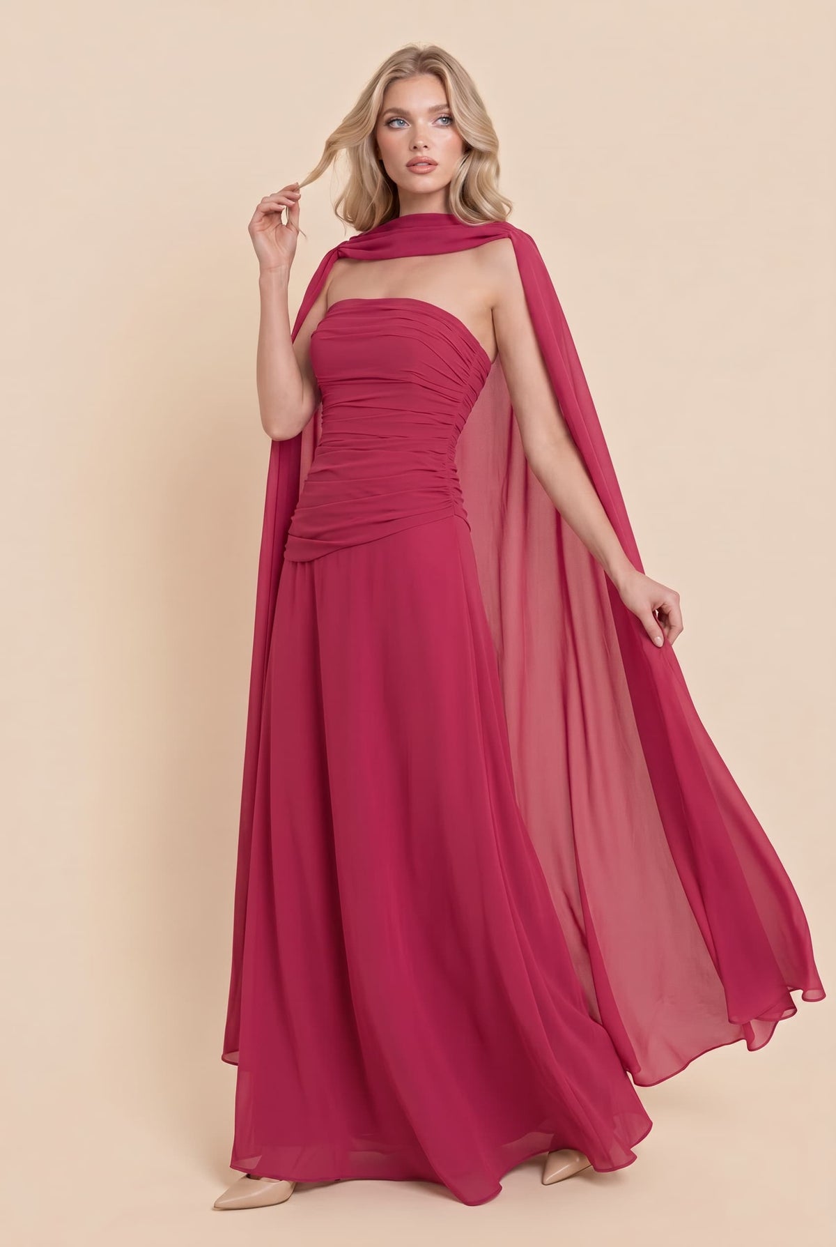 Pleated Design Cape Maxi Dress