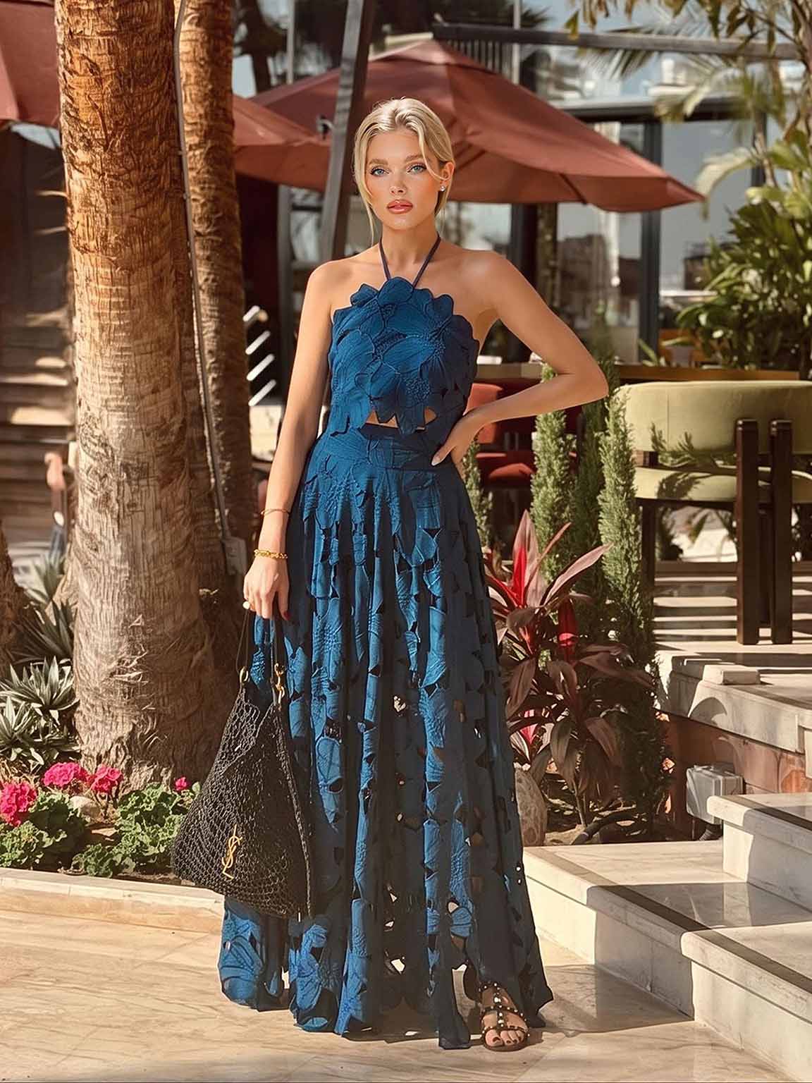 Exquisite Lace Cami Crop Top & High-Waist A-Line Maxi Skirt Two-Piece Set