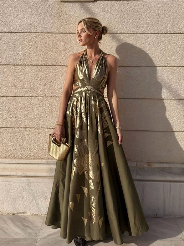 Elegant Gold Foil Print Cutout Waist Maxi Dress