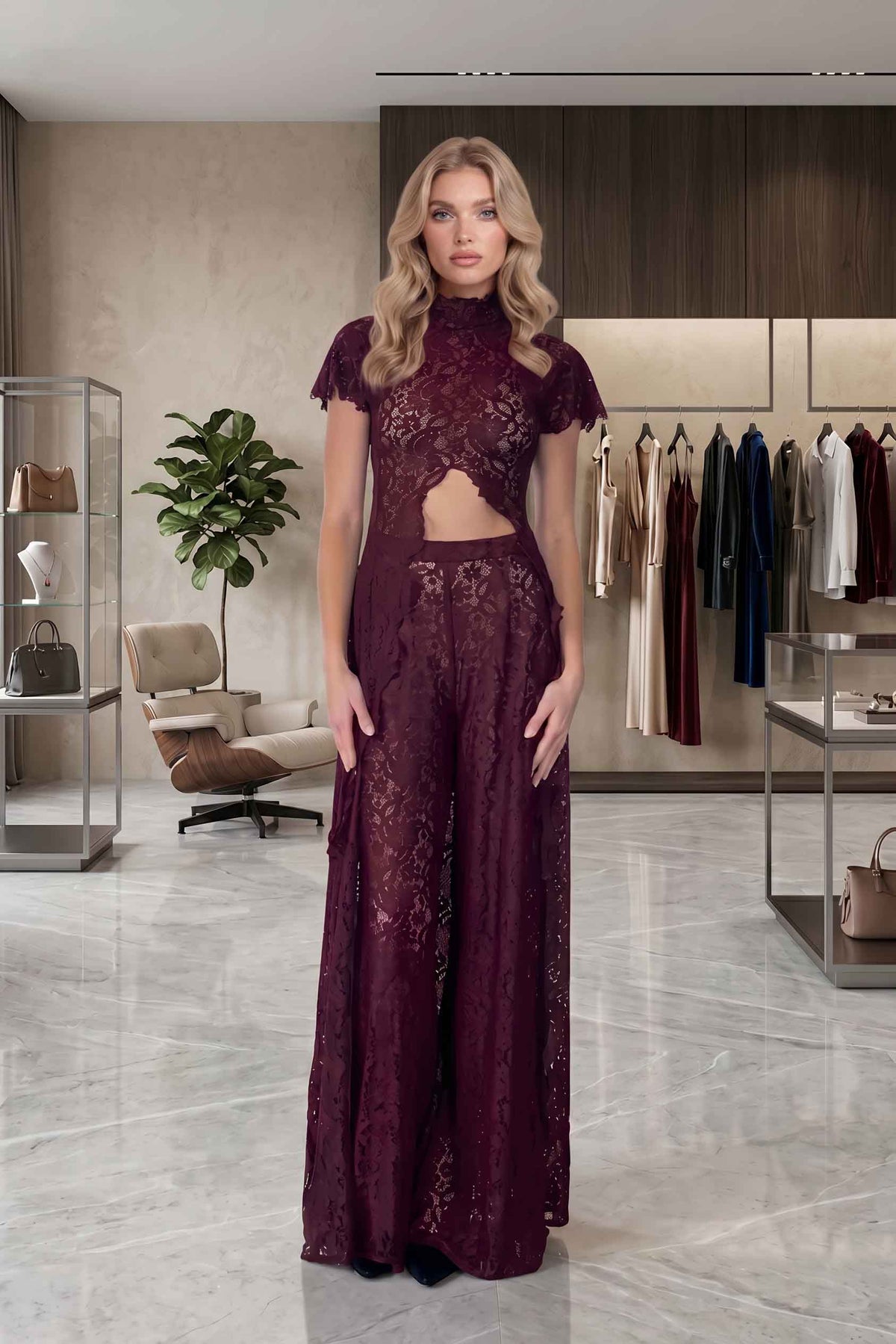 Lace Long-sleeved Top And Wide-leg Pants Set(Headscarf Not Included)