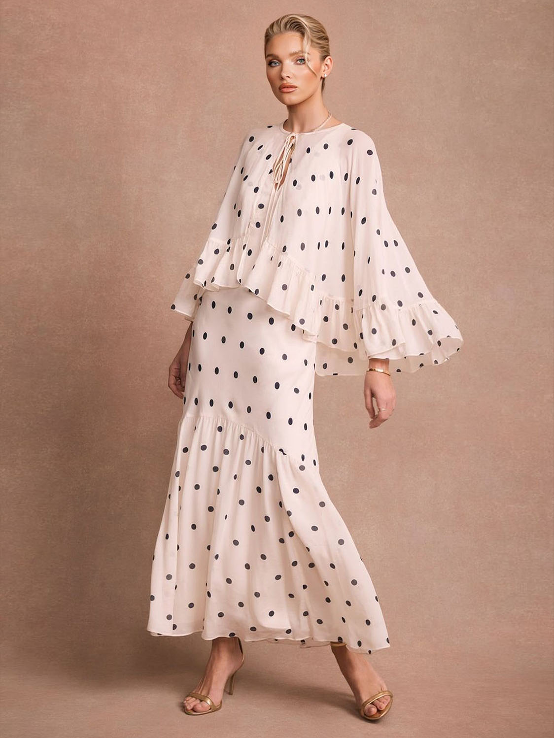 Elegant Polka Dot Ruffle Layered Chiffon Cape Maxi Dress