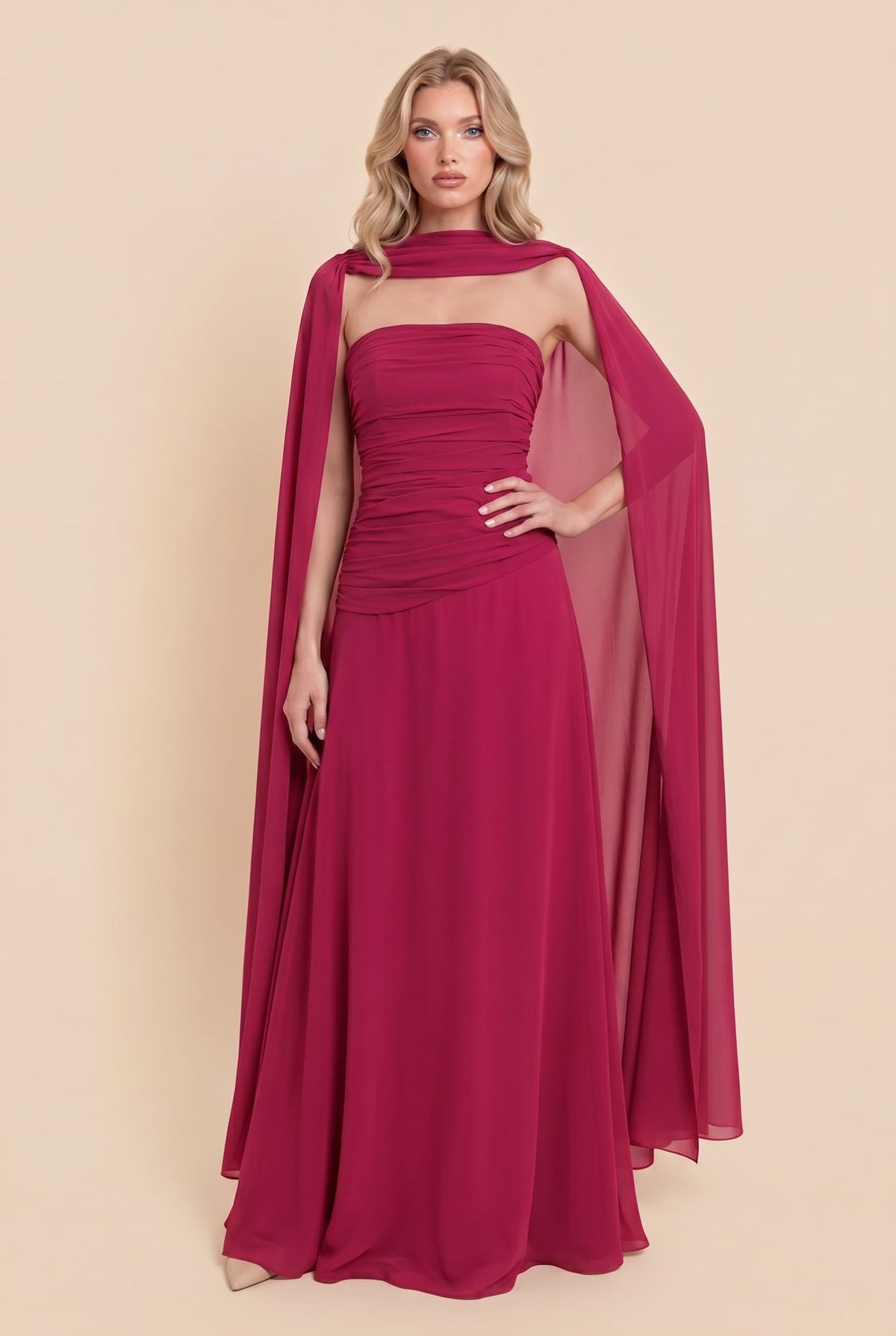 Pleated Design Cape Maxi Dress
