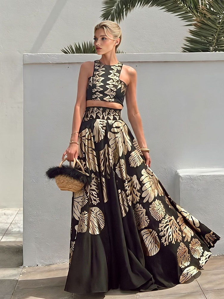 Bohemian Leaf Print Crop Top & Maxi Skirt Two-Piece Set