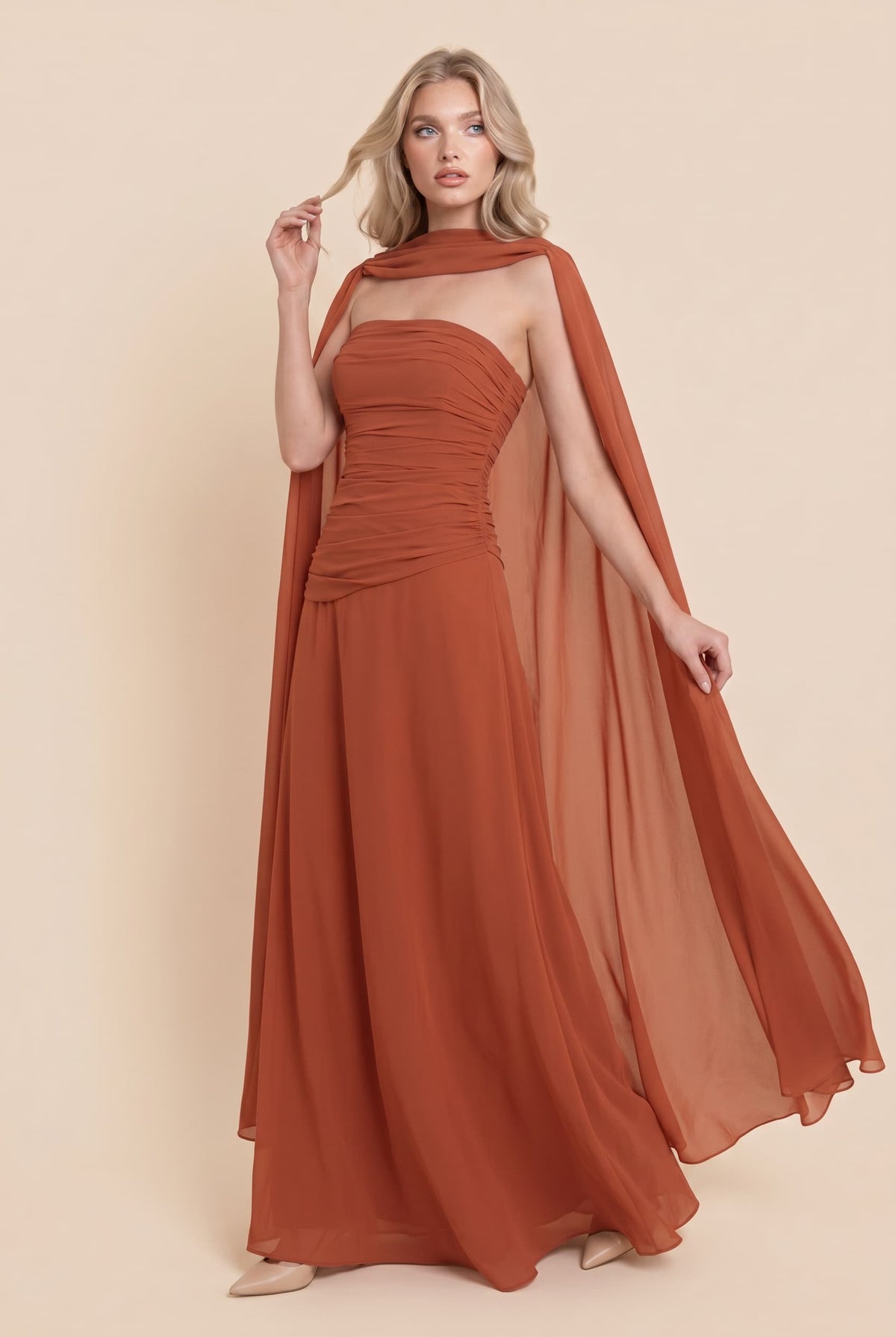 Pleated Design Cape Maxi Dress