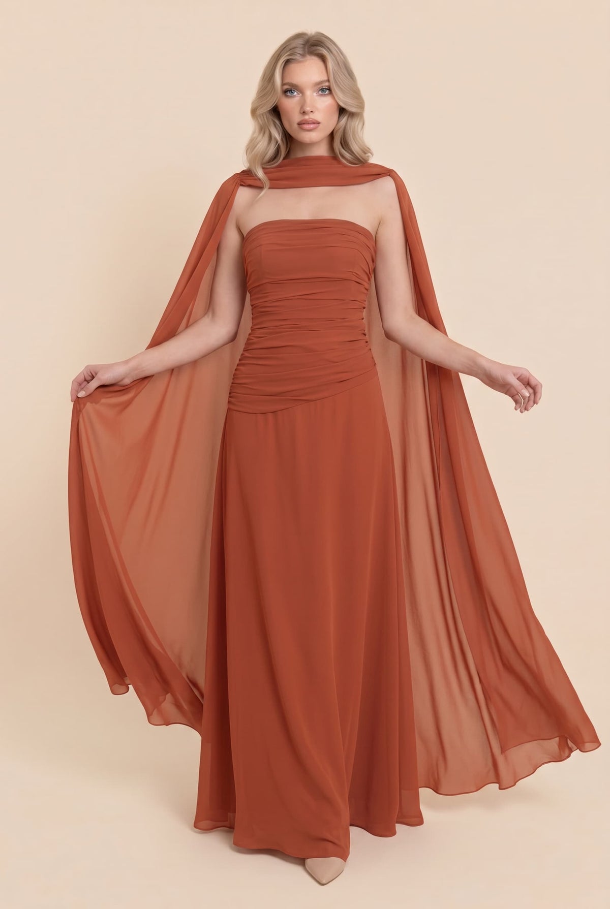 Pleated Design Cape Maxi Dress