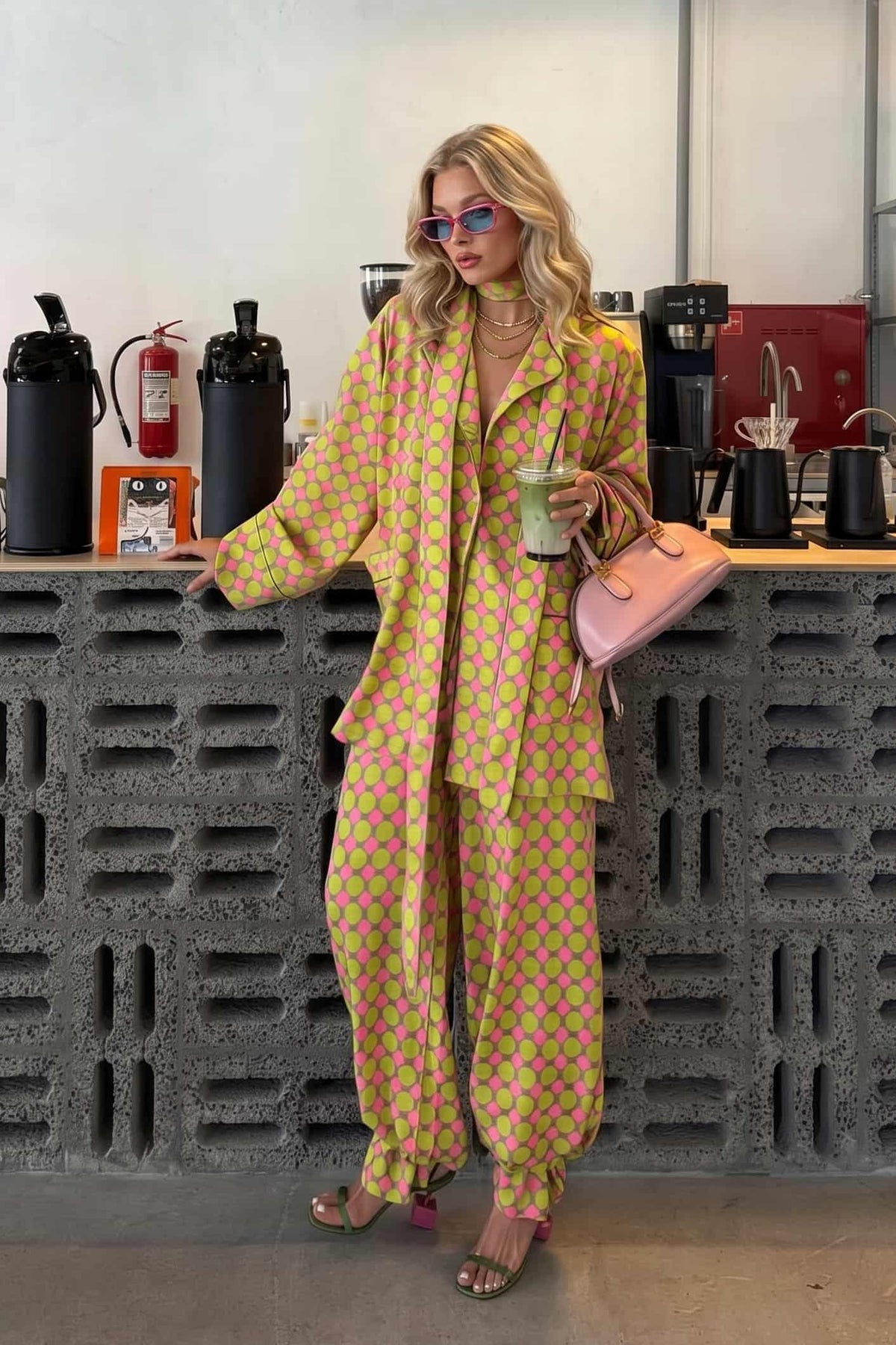 Printed Scarf Shirt And Wide Leg Pants Set
