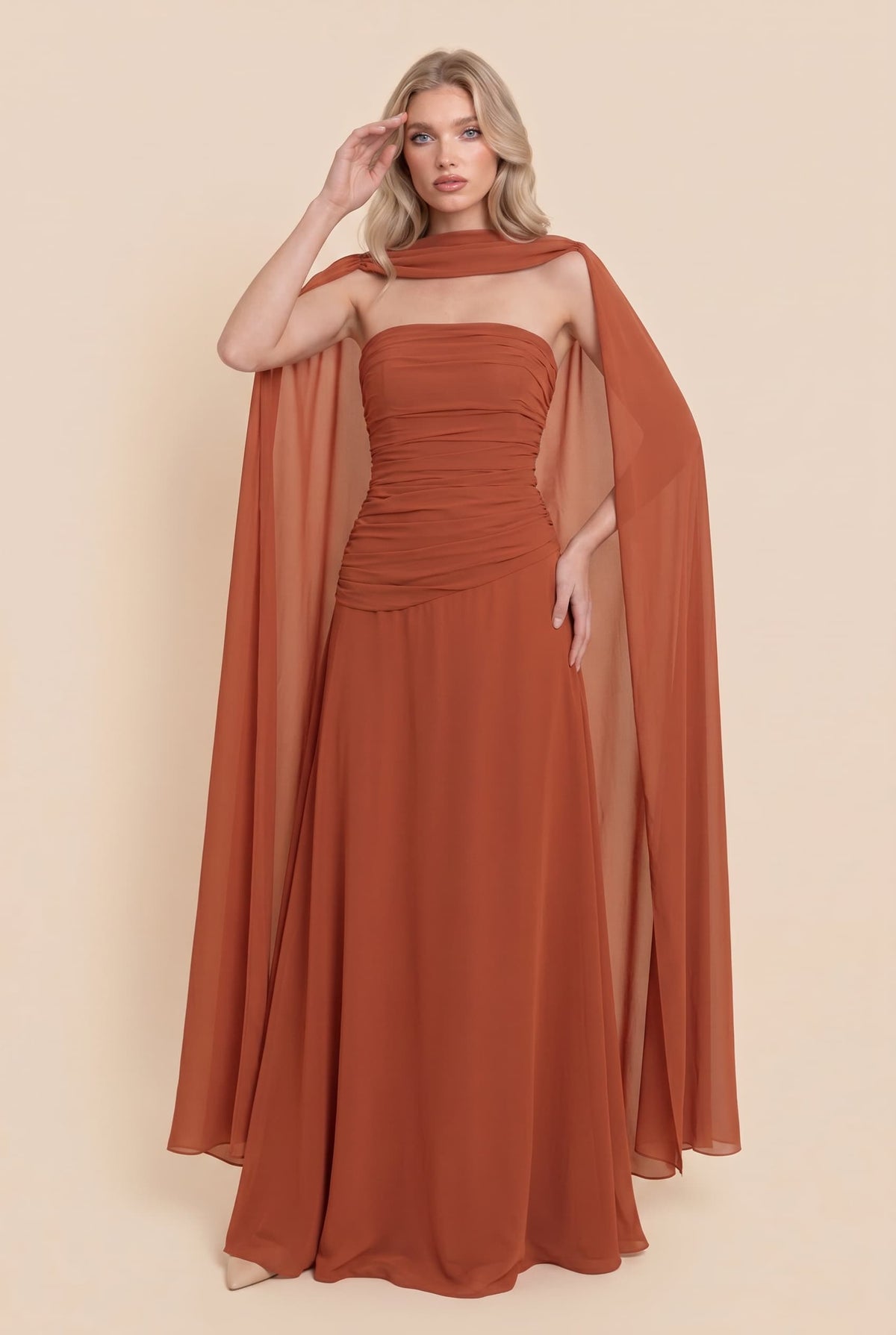 Pleated Design Cape Maxi Dress