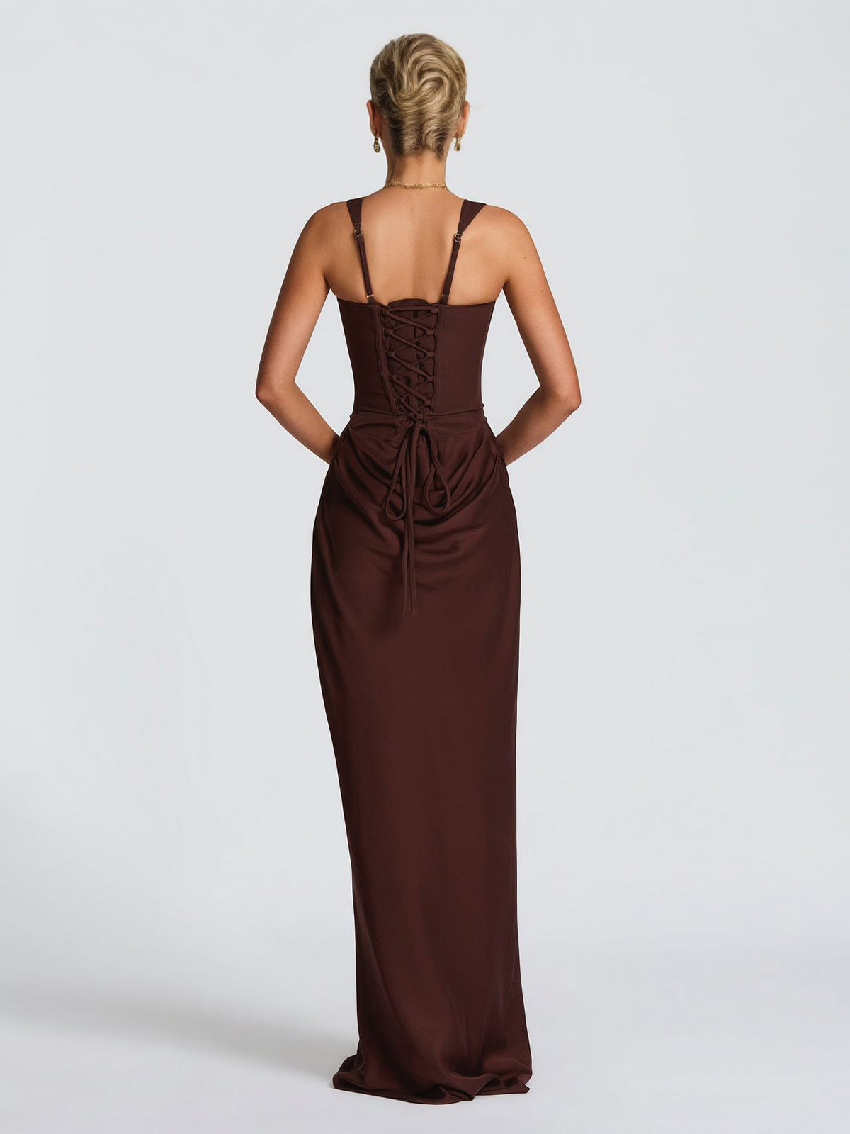 Elegant Square Neck Cinched Top & Ruched Waist Draped Maxi Dress