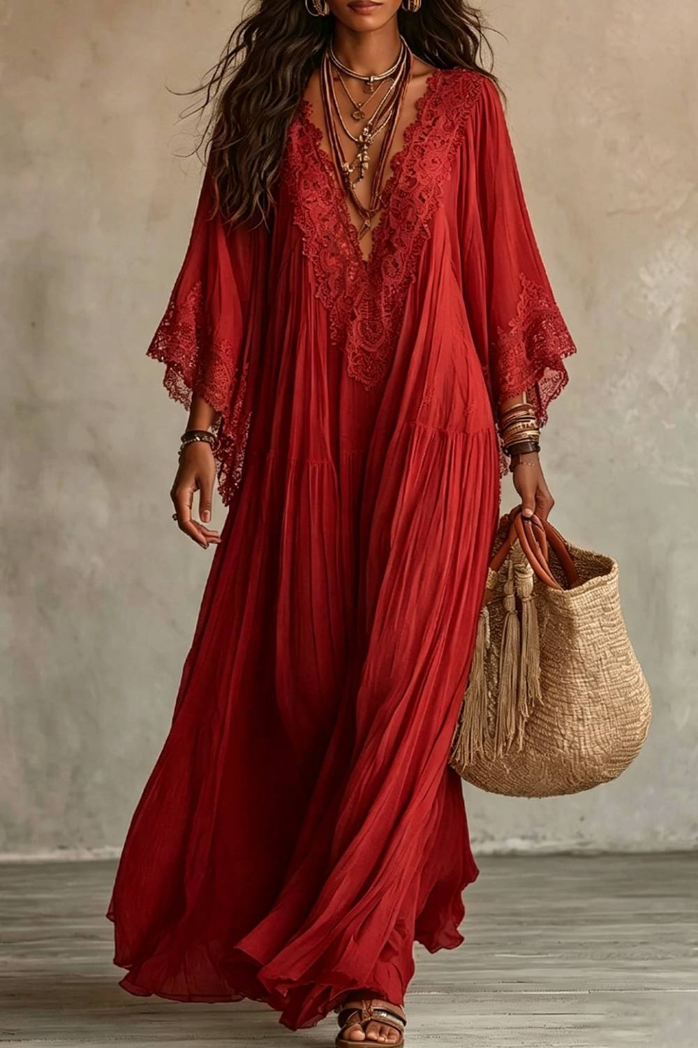 Lace V-neck Trumpet Sleeve Bohemian Long Dress