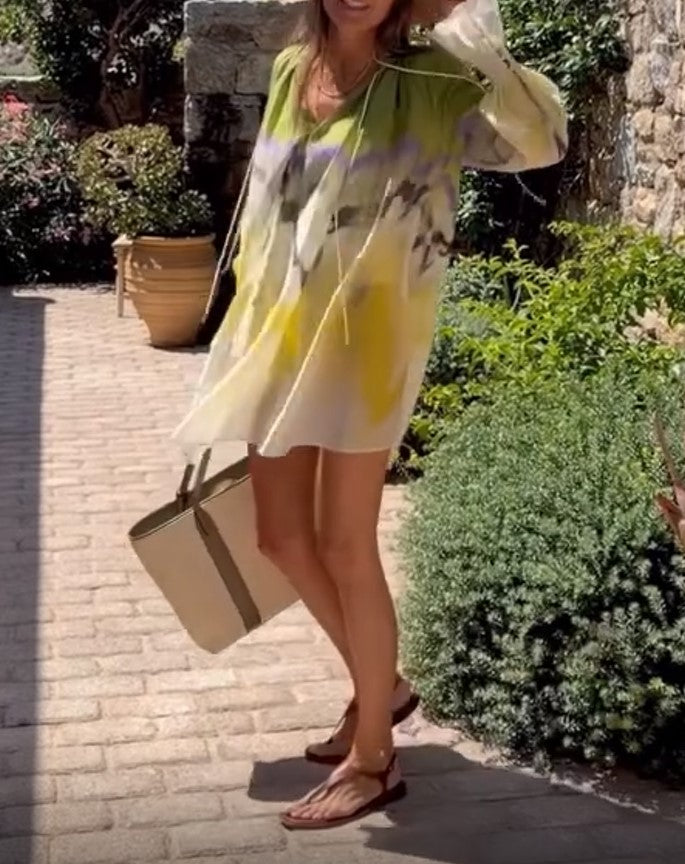 Vestido mini bohemio holgado de teñido anudado, con mangas farol, informal y para vacaciones, para mujer