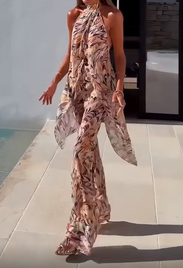 Halter Floral Print 2‑Piece Outfit, Sleeveless Top & Flare Pants Set for Women