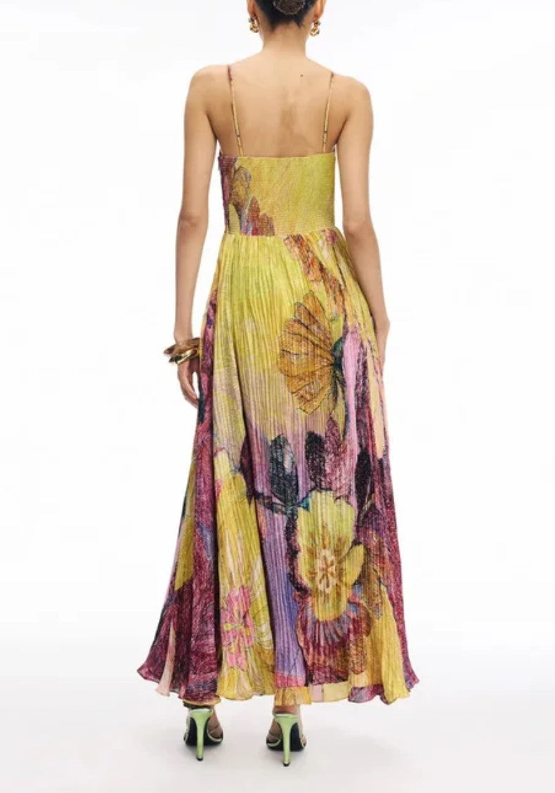 Oil Painting Floral Spaghetti Strap Pleated Maxi Dress