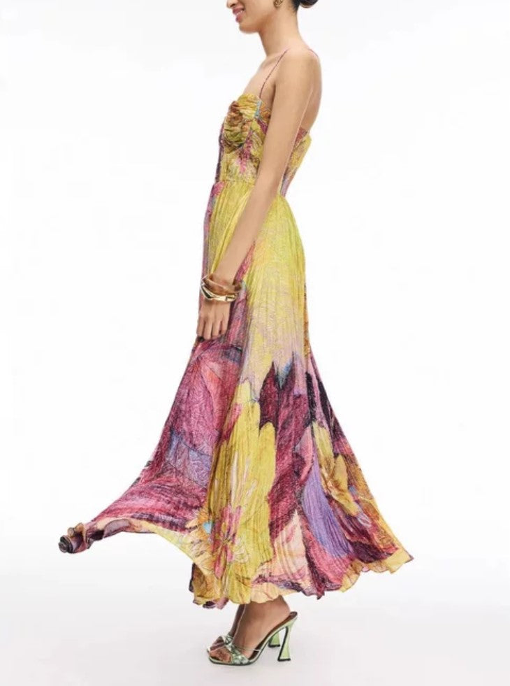 Oil Painting Floral Spaghetti Strap Pleated Maxi Dress