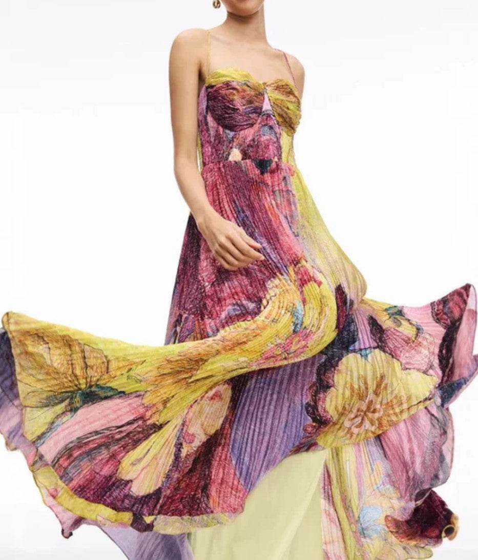 Oil Painting Floral Spaghetti Strap Pleated Maxi Dress