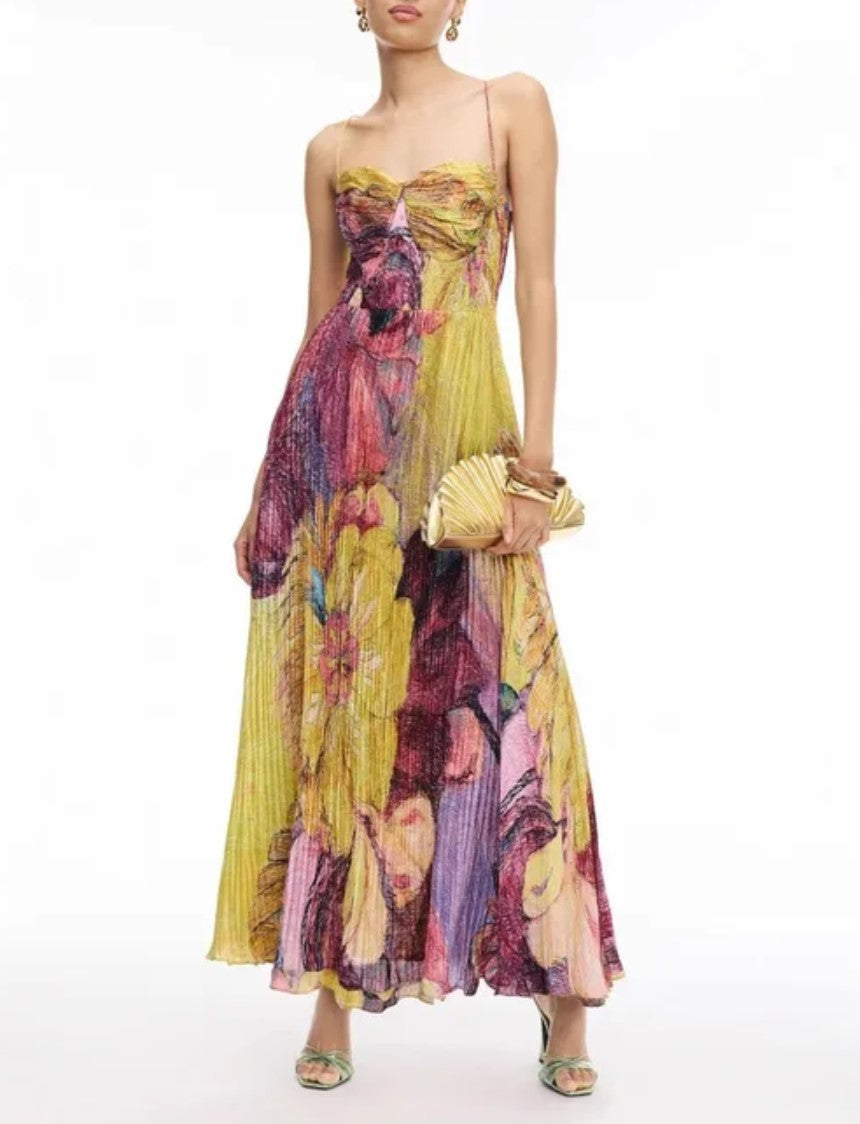 Oil Painting Floral Spaghetti Strap Pleated Maxi Dress