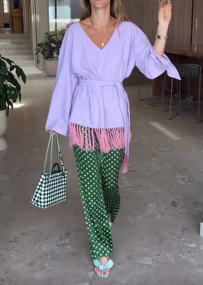 Lilac V Neck Tassel Belted Tunic Top Green Polka Dot Wide Leg Pants 2 Piece Outfit
