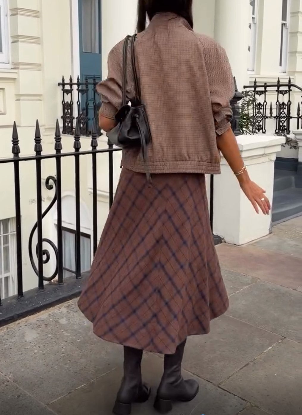 Houndstooth Zip Jacket & Plaid Midi Skirt Two Piece Set