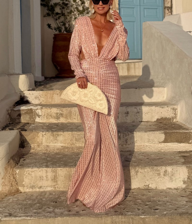 Robe maxi rose à sequins, col en V profond, manches longues et coupe sirène