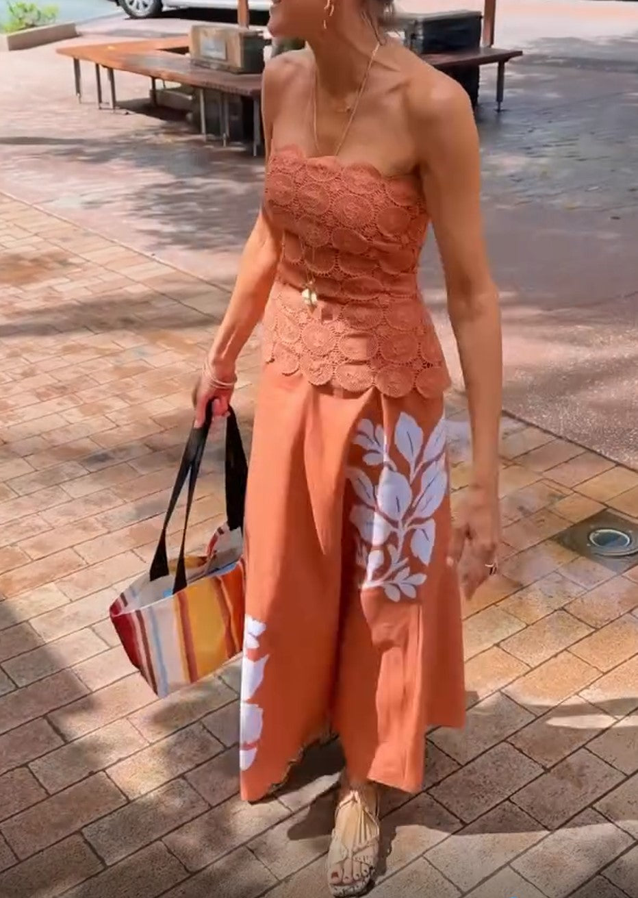 Terracotta Lace Strapless Top & Floral Print Maxi Skirt Set