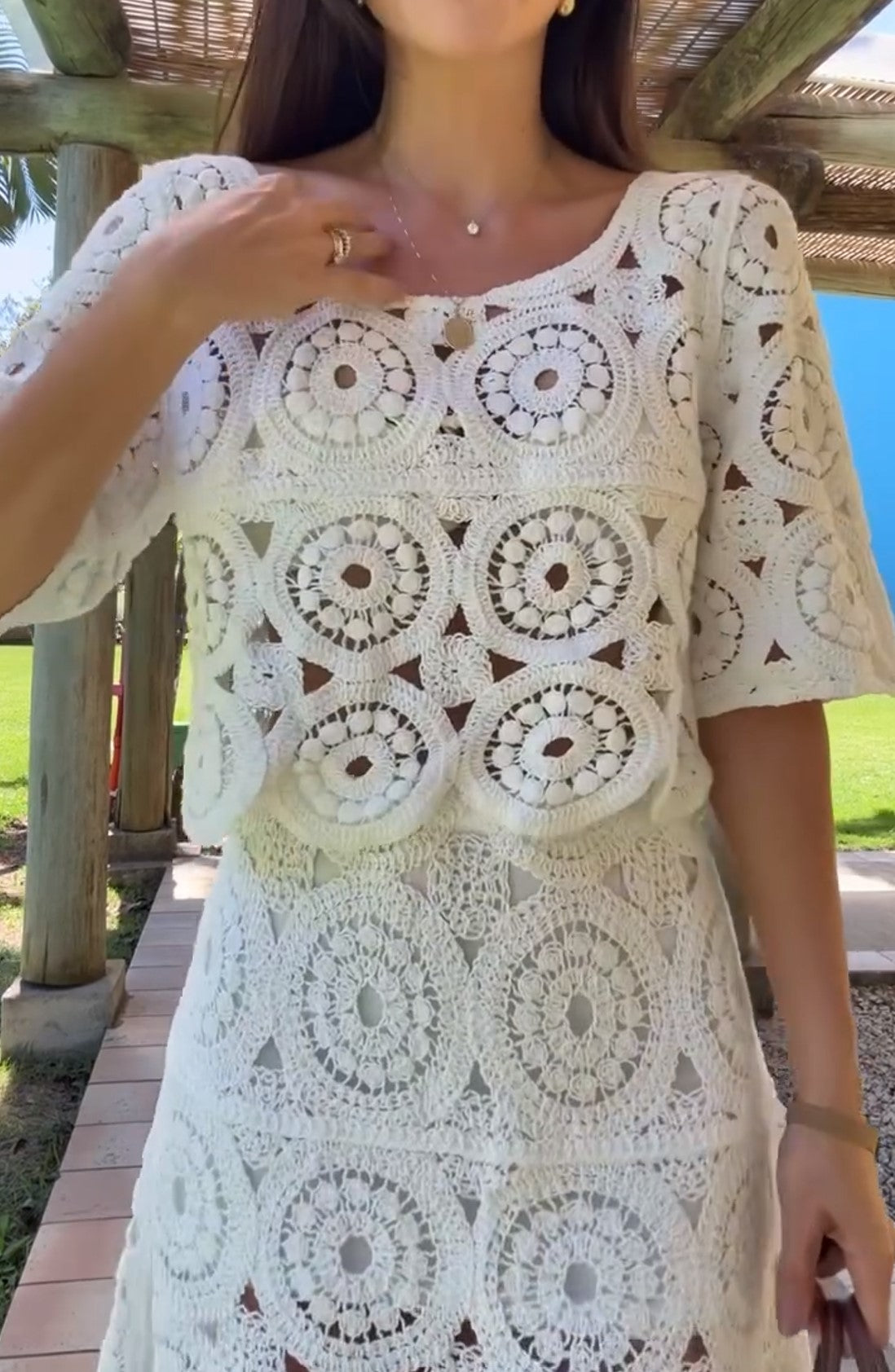 White Crochet Short Sleeve Top & Mini Skirt Two Piece Set
