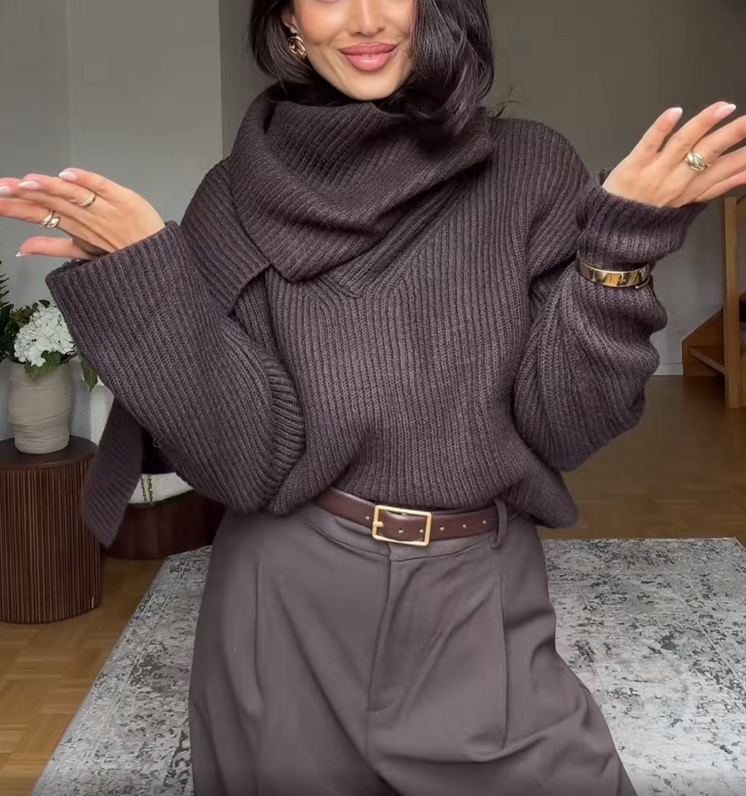 Women’s Oversized Wrap Scarf Collar Sweater Casual Loose Pullover Knit Top