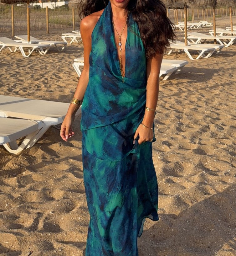 Halter Cowl Neck Tie Dye Maxi Dress