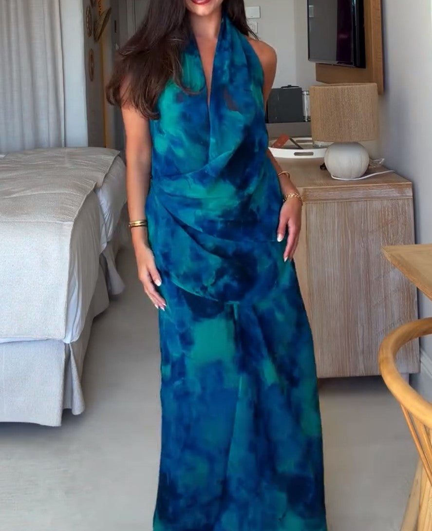 Halter Cowl Neck Tie Dye Maxi Dress
