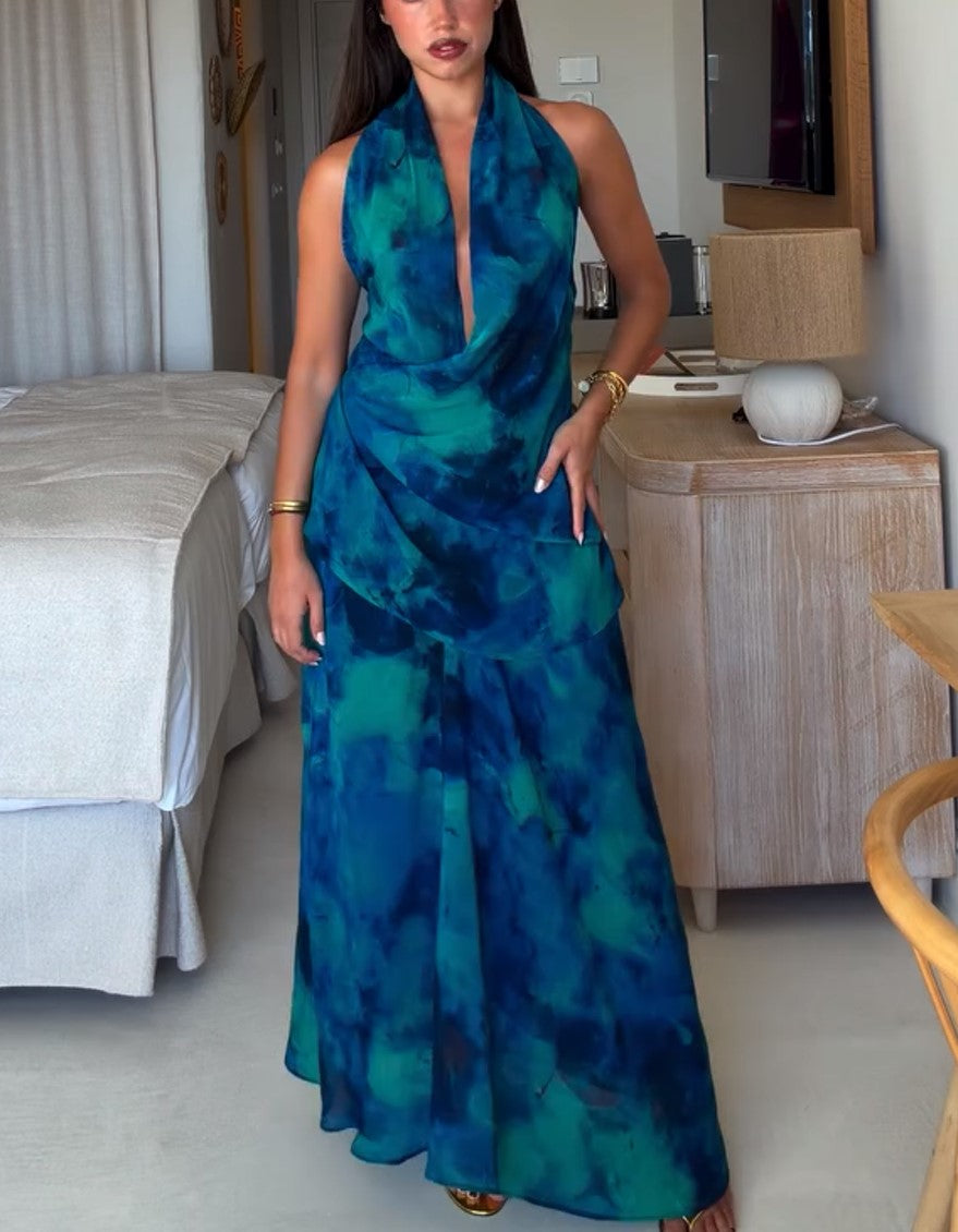 Halter Cowl Neck Tie Dye Maxi Dress