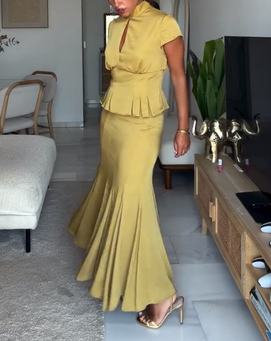 High Neck Keyhole Peplum Top & Mermaid Maxi Skirt Set
