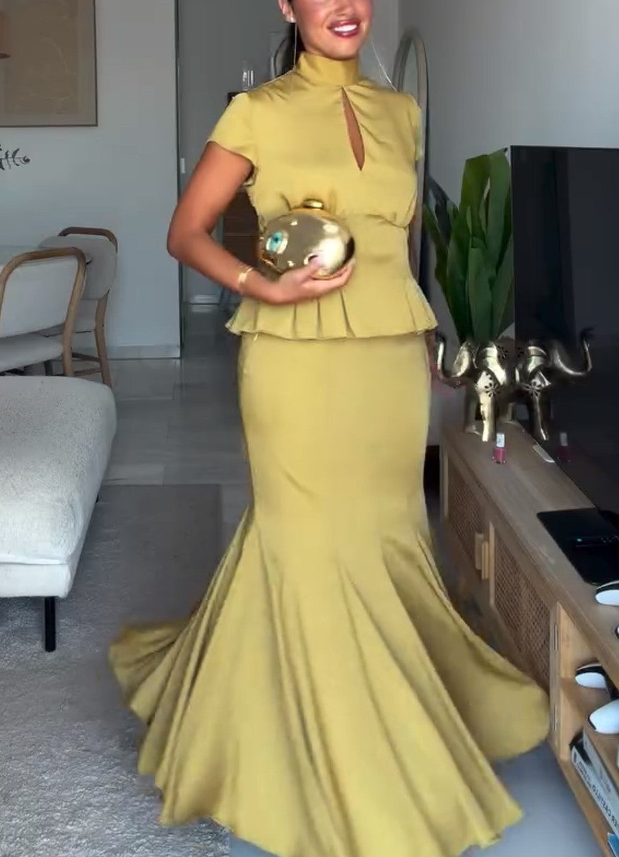High Neck Keyhole Peplum Top & Mermaid Maxi Skirt Set