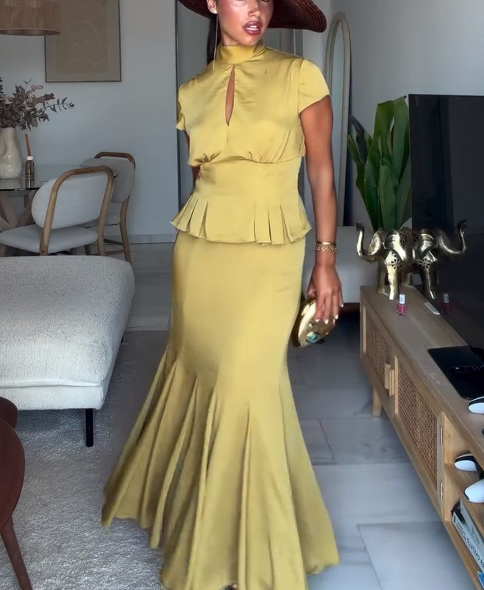 High Neck Keyhole Peplum Top & Mermaid Maxi Skirt Set