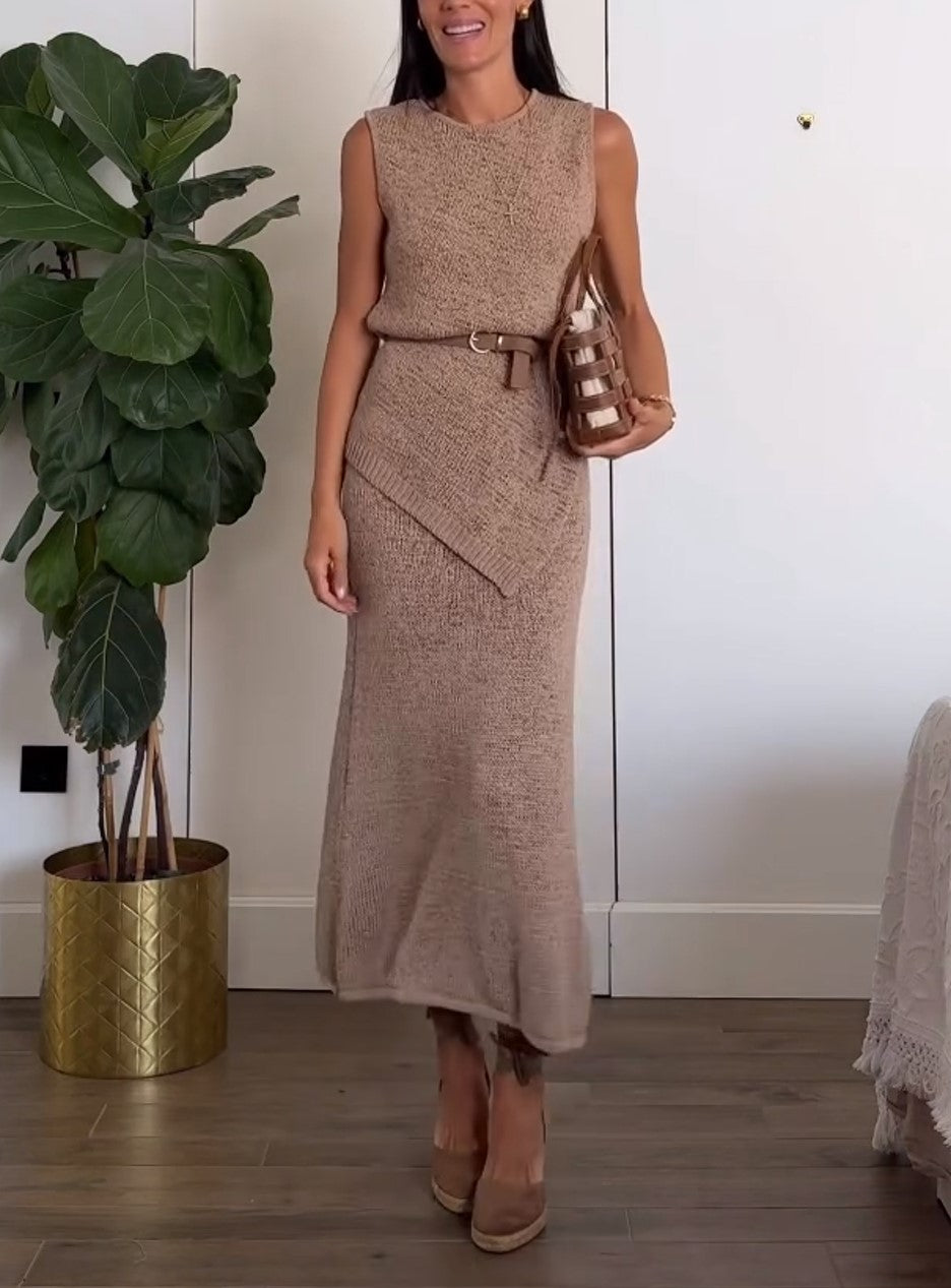 Khaki Sleeveless Asymmetric Knit Top & Midi Skirt Two Piece Set