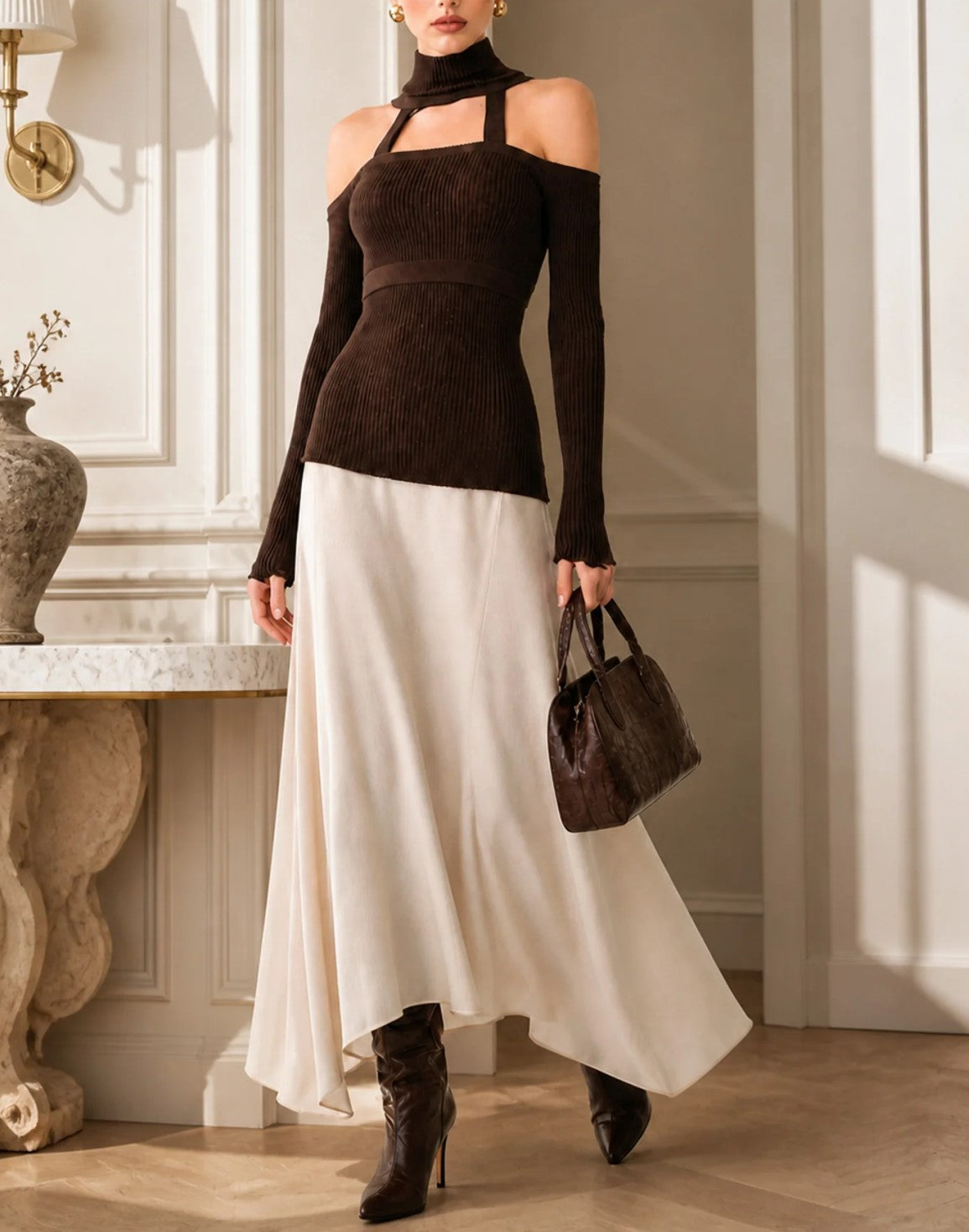 Brown Cutout Turtleneck Knit Top & Ivory Flowy Maxi Skirt Two Piece Set