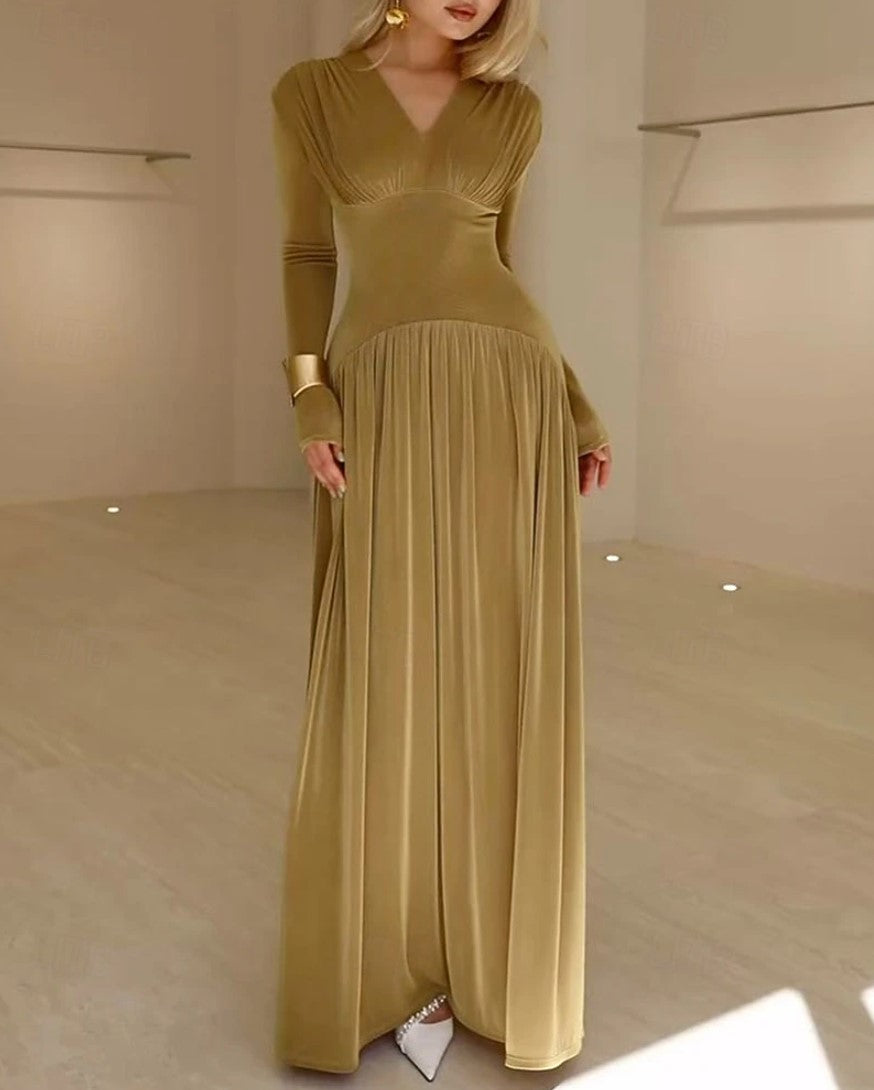 Olive Gold V Neck Long Sleeve Pleated Maxi Formal Dress