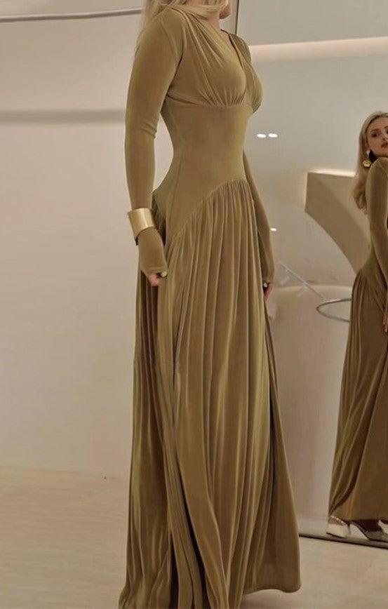 Olive Gold V Neck Long Sleeve Pleated Maxi Formal Dress