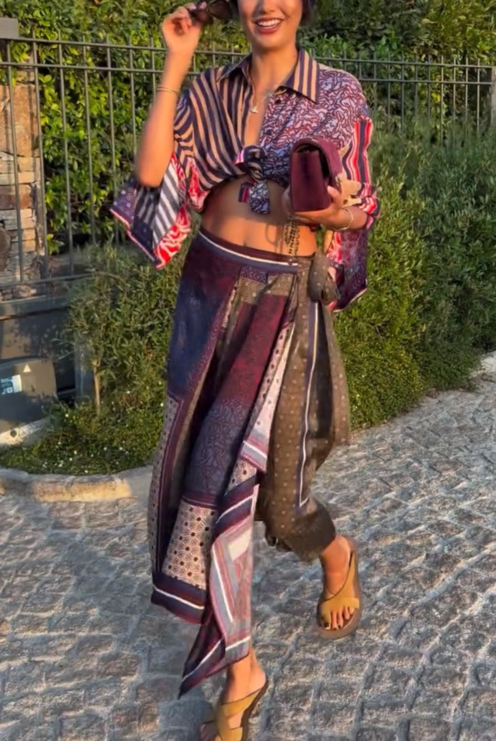Mixed Print Bell Sleeve Tie Front Shirt & Wrap Midi Skirt Two Piece Set
