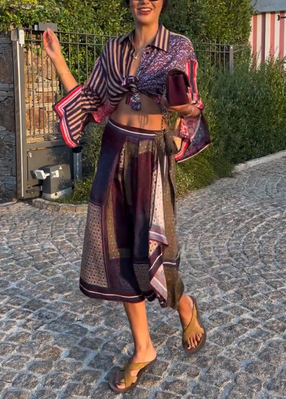 Mixed Print Bell Sleeve Tie Front Shirt & Wrap Midi Skirt Two Piece Set