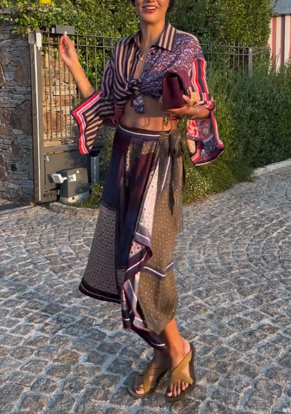 Mixed Print Bell Sleeve Tie Front Shirt & Wrap Midi Skirt Two Piece Set