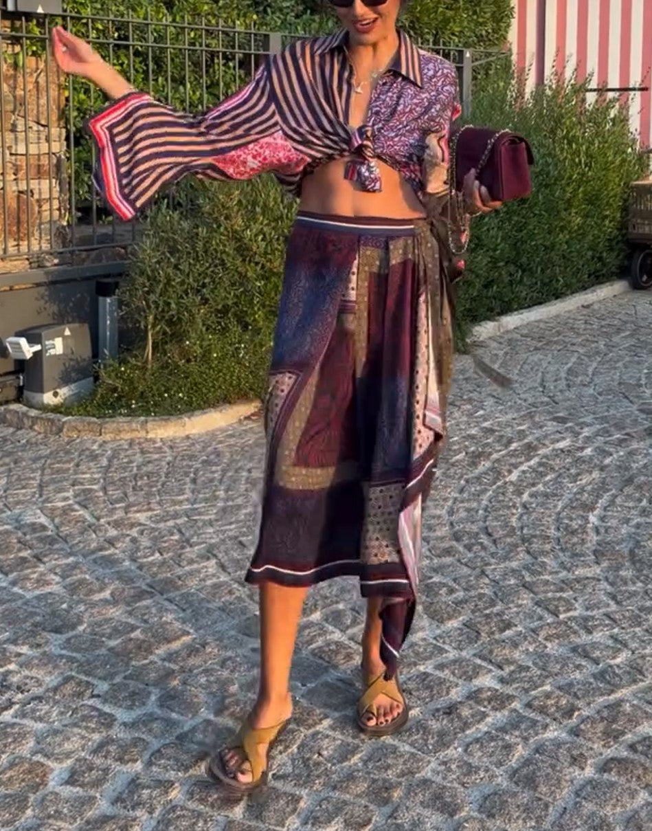 Mixed Print Bell Sleeve Tie Front Shirt & Wrap Midi Skirt Two Piece Set