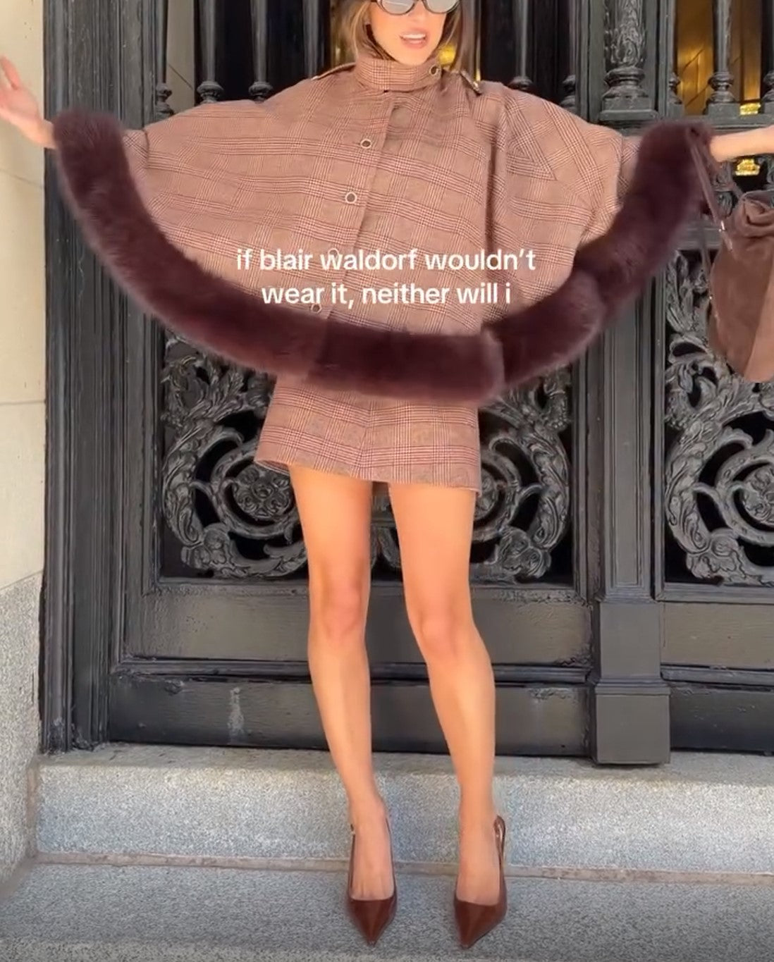 Brown Plaid Faux Fur Trim Cape Coat & Mini Skirt Two Piece Set