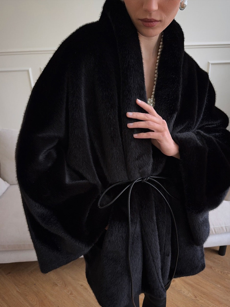 Faux Mink Fur Wrap Belted Coat