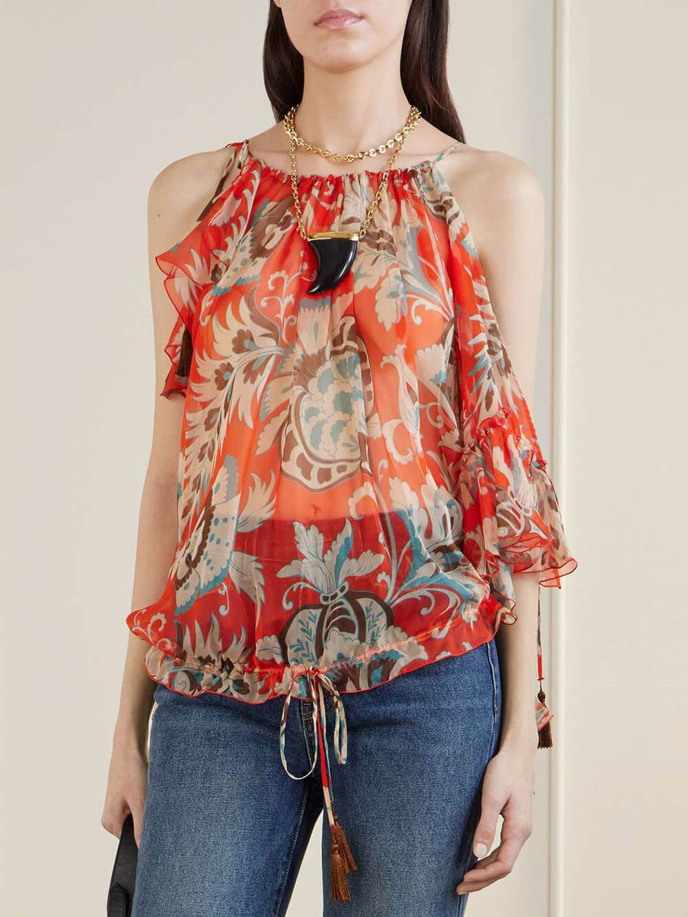 Modern Off-Shoulder Asymmetric Fringe Ruffle Printed Chiffon Blouse