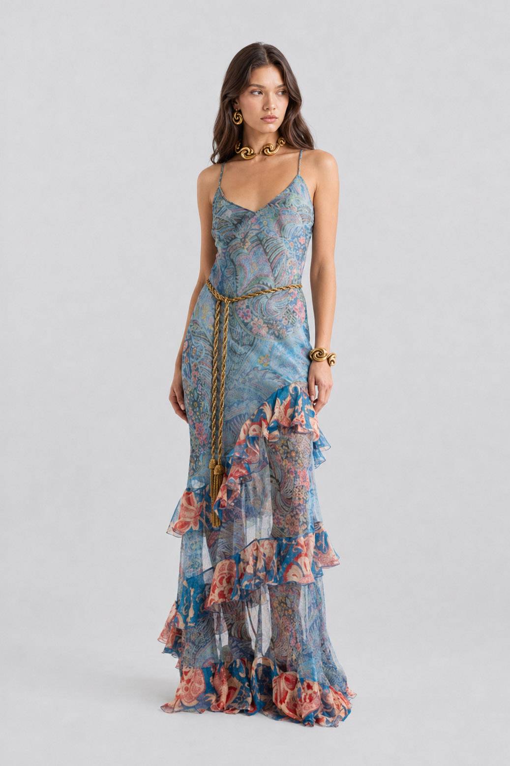 Blue Bottom Vintage Floral V-Neck Thin Sling With Rope Belt Irregular Lotus Leaf Perspective Long Dress